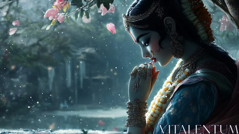 Devotional Indian woman in rainlit garden profile at dusk.