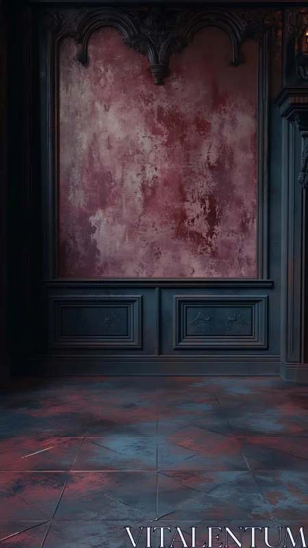 Ornate wall panel frames worn red plaster above tiled floor