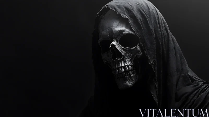 Hooded skeletal reaper emerges from shadowy darkness