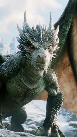 Emerald dragon stands on snowy ridge under cold sky