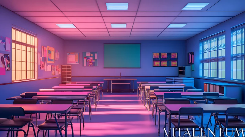Empty classroom interior under contrasting pink and blue lighting