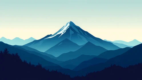 Minimalist alpine peak with layered blue mountain ranges.