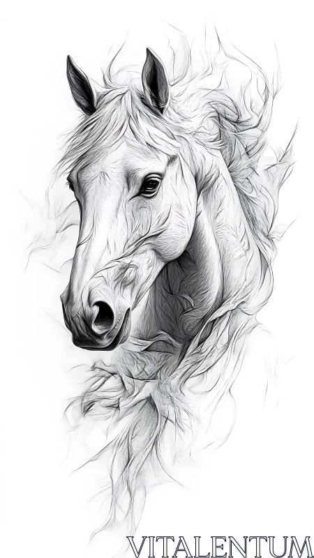 Horse head rendered in detailed monochrome line drawing
