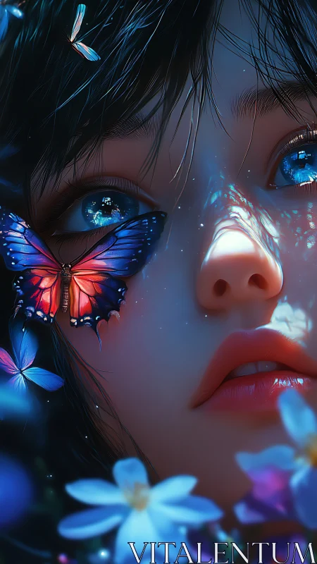 Bioluminescent butterflies reflect in girl’s iridescent eyes at night