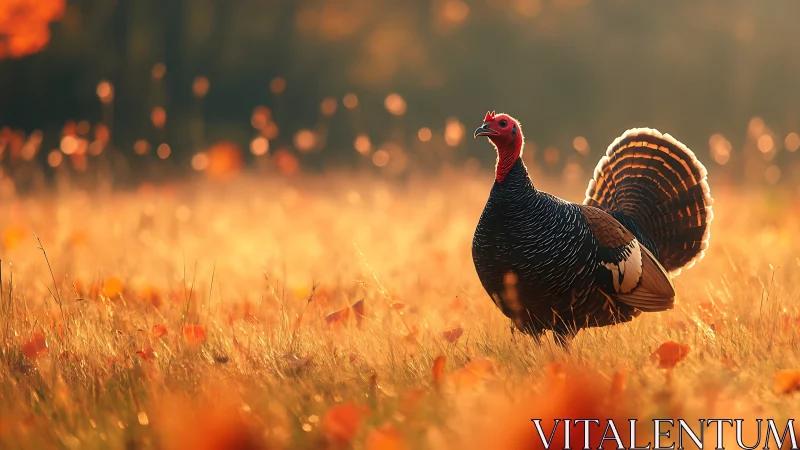 Wild turkey displays vibrant plumage in golden autumn field