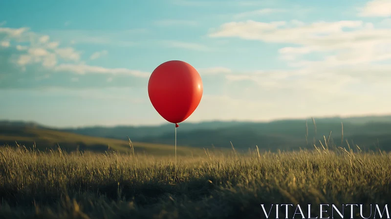Red balloon drifts above sunlit meadow at golden hour.