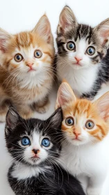 Four Juvenile Cats with Distinctive Ocular Features and Multicolored Pelage Against White Background