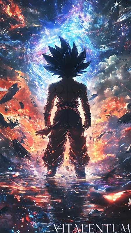 Cosmic warrior silhouette before explosive nebula vortex.