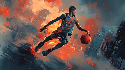Digital painting of basketball player in fiery urban rush.