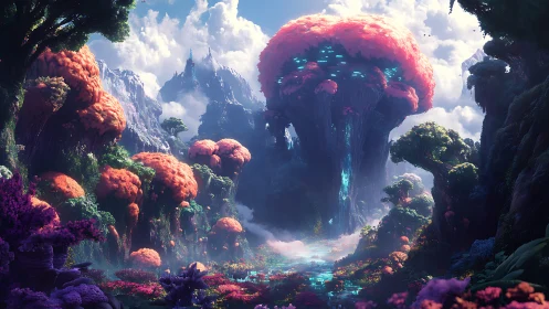 Bioluminescent alien forest valley with giant central tree.