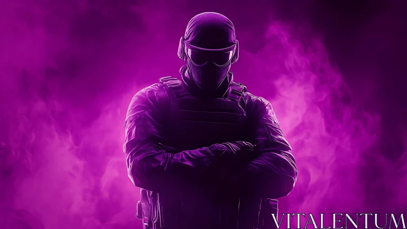 Tactical operator silhouette in magenta vapor backlit field