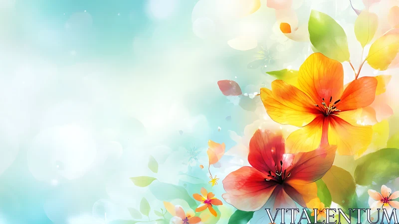 Digital watercolor florals with translucent petals and atmospheric bokeh.