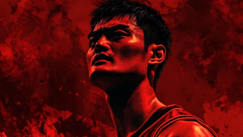 Red-tinted digital portrait of male athlete on abstract ground.