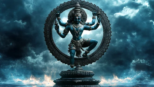 Divine Nataraja silhouette in storm-lit cyan celestial ocean.