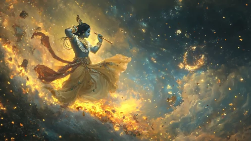 Celestial dancer glides through swirling cosmic fire and light