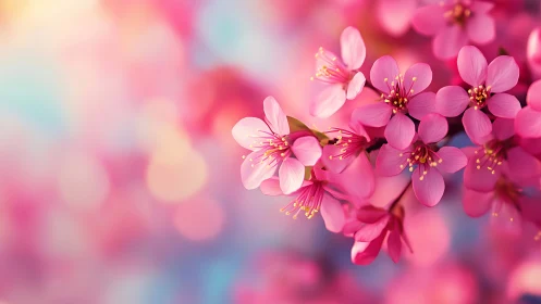 Pink Flowering Blossoms with Golden Stamens in Soft Focus