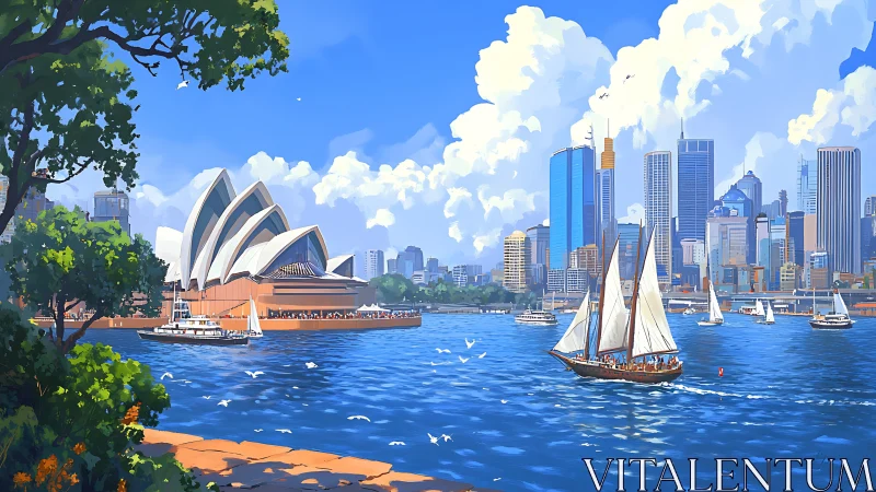 Sydney Harbour cityscape with Opera House and sailboats.