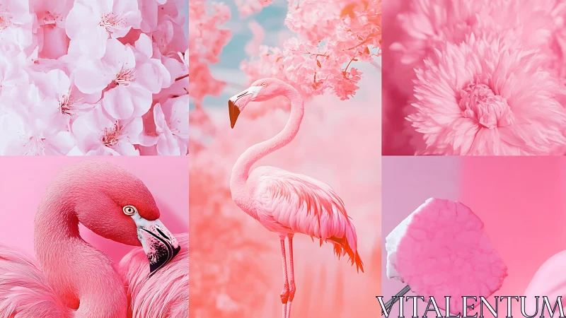 Monochrome pink flamingo and floral collage unifying tonal harmony