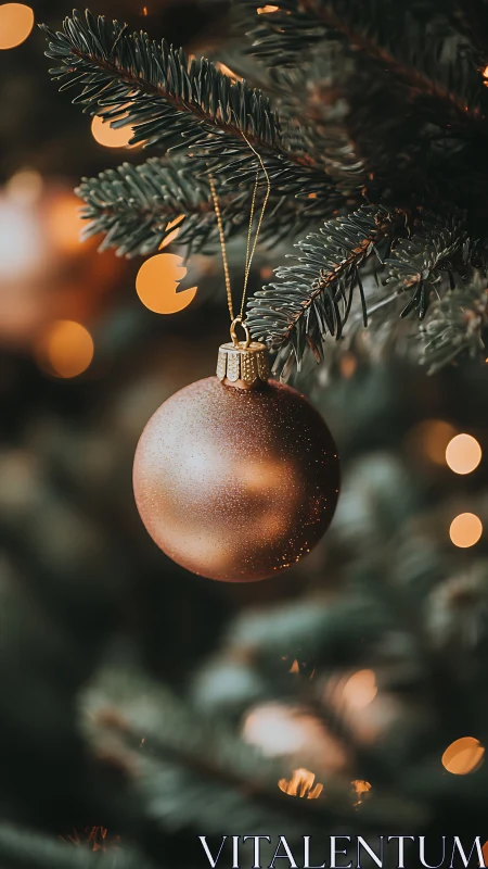 Golden Christmas ornament hangs softly on evergreen branch