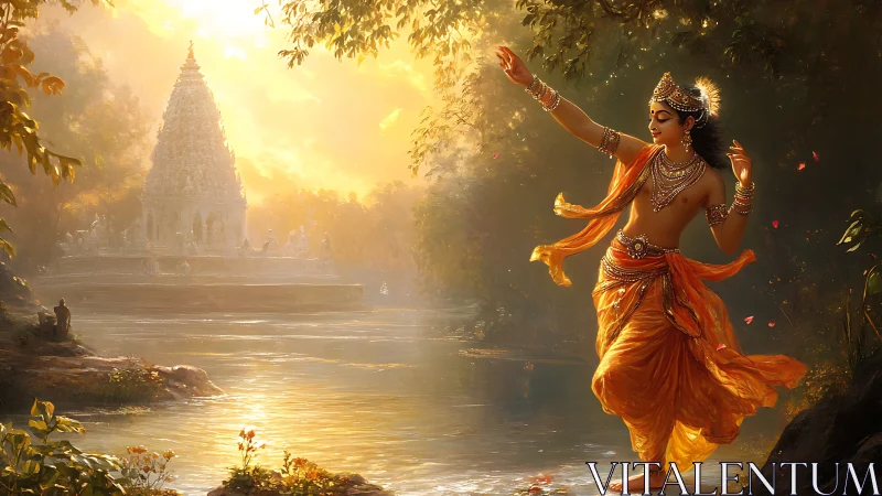 Radiant river dance before sunlit temple sanctuary.