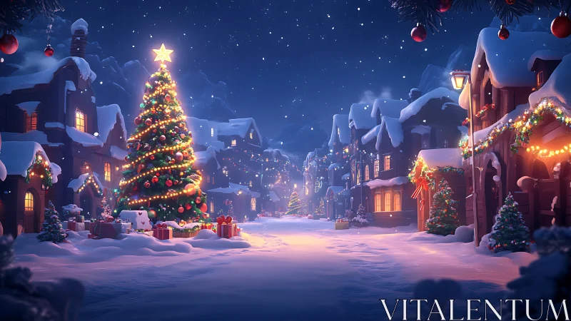 Snowy village street glowing with cozy Christmas magic.