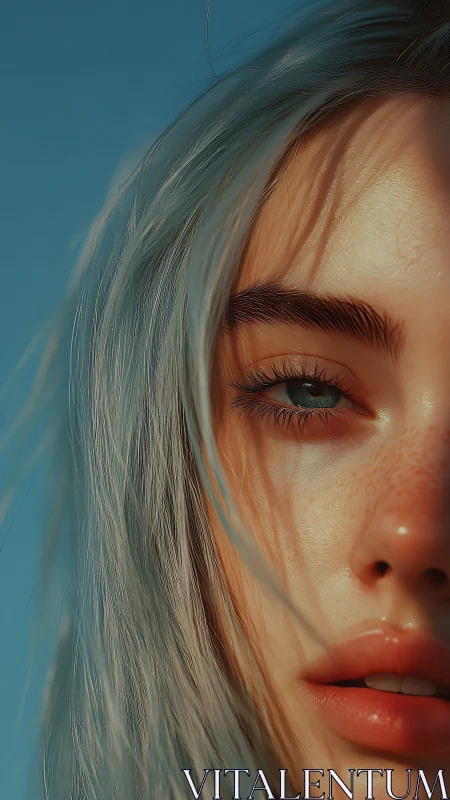 Sunlit teal-tressed gaze caught between breeze and shadow.