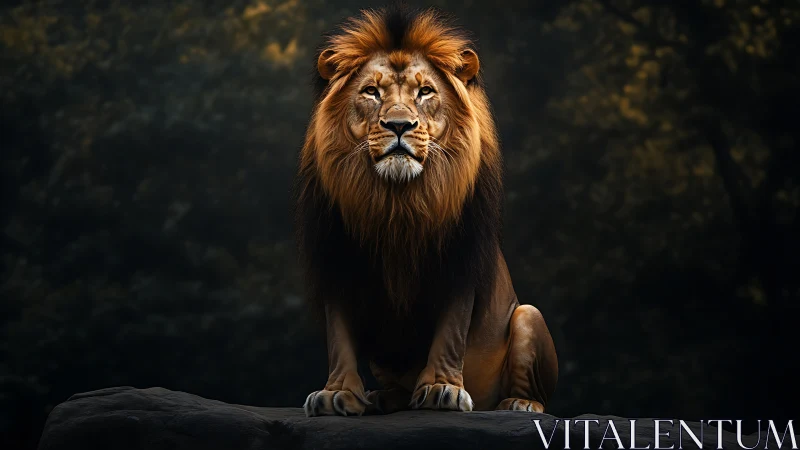 Male lion sits centered on rock against dark forest backdrop