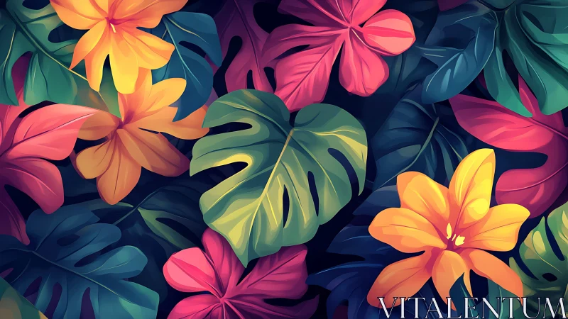 Tropical leaves and bold flowers in vivid digital art.