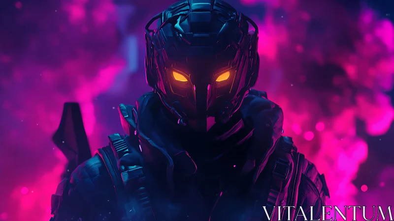 Neon-lit cyber soldier stands strong in glowing pink smoke