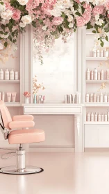 Soft blush salon interior beneath cascading florals.