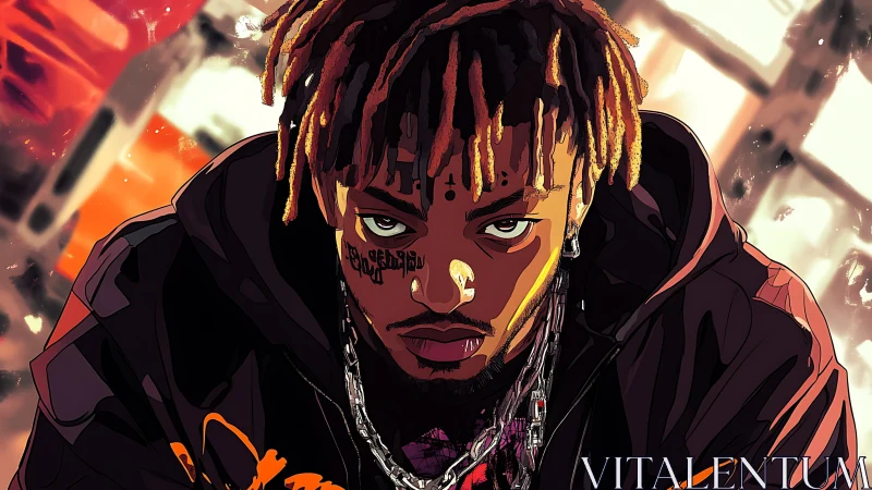 Moody illustrated portrait glowing with quiet intensity.