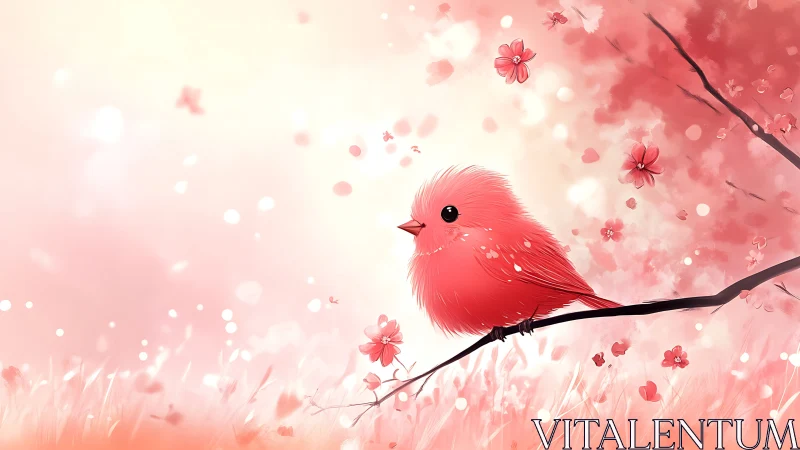 Red Bird Perched Among Blossoming Flowers in Dreamy Pink Atmosphere