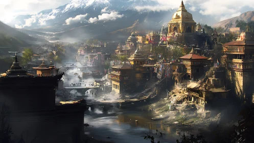 Mountain valley river city shows dense temples and golden stupa