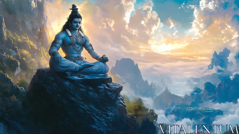 Meditating blue yogi on Himalayan escarpment at sunrise.