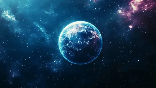 Celestial blue planet drifting through jeweled cosmic night.