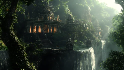 Tiered jungle temple complex above cascading waterfalls at dawn