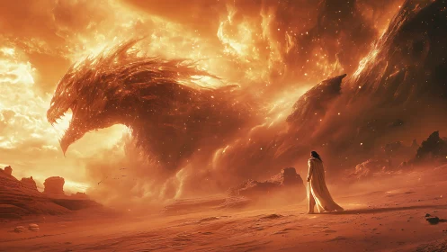 Lone wanderer confronts colossal cosmic dragon in burning sky