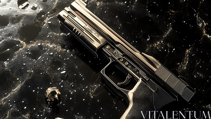 Metallic handgun rendered on reflective dark wet surface.