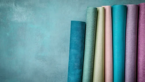 Pastel textured vinyl wallpaper rolls on teal plaster wall