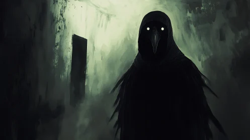 Silent watcher in a misty corridor of unsettling calm.