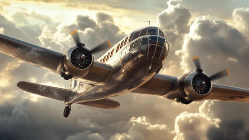 Vintage twin-engine airliner cutting through golden clouds.