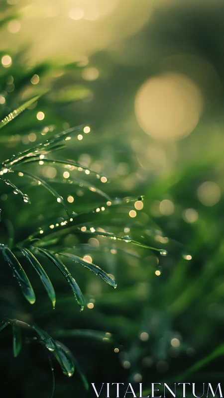 Morning dew on emerald needles in dreamy bokeh light.