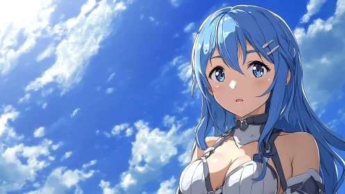 Blue haired anime girl gazes upward under vivid summer sky