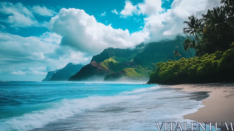 Tropical mountain coastline meets turquoise ocean waves