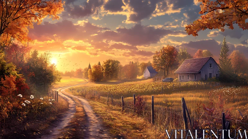 Golden country lane winding through a cozy autumn sunset.