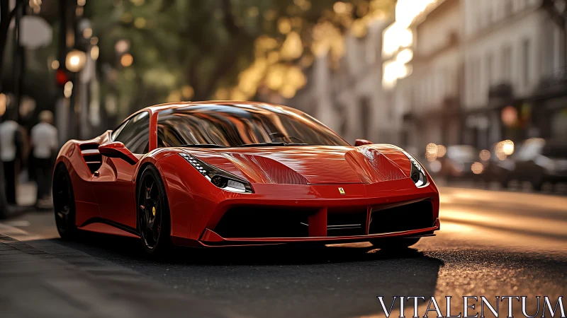 Red mid‑engine sports coupe is parked on a sunlit city street