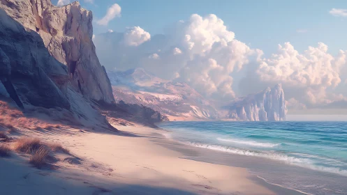 Coastal Landscape with Towering Formations and Beach.