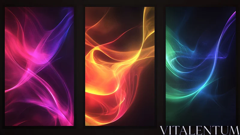 Triptych of spectrally phased light-wave fields on dark panels.