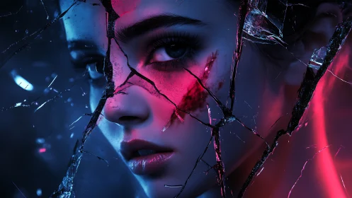 Shattered neon reflections around a quietly fierce gaze.
