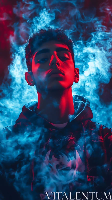 Neon smoke prince framed in electric crimson and cyan haze.